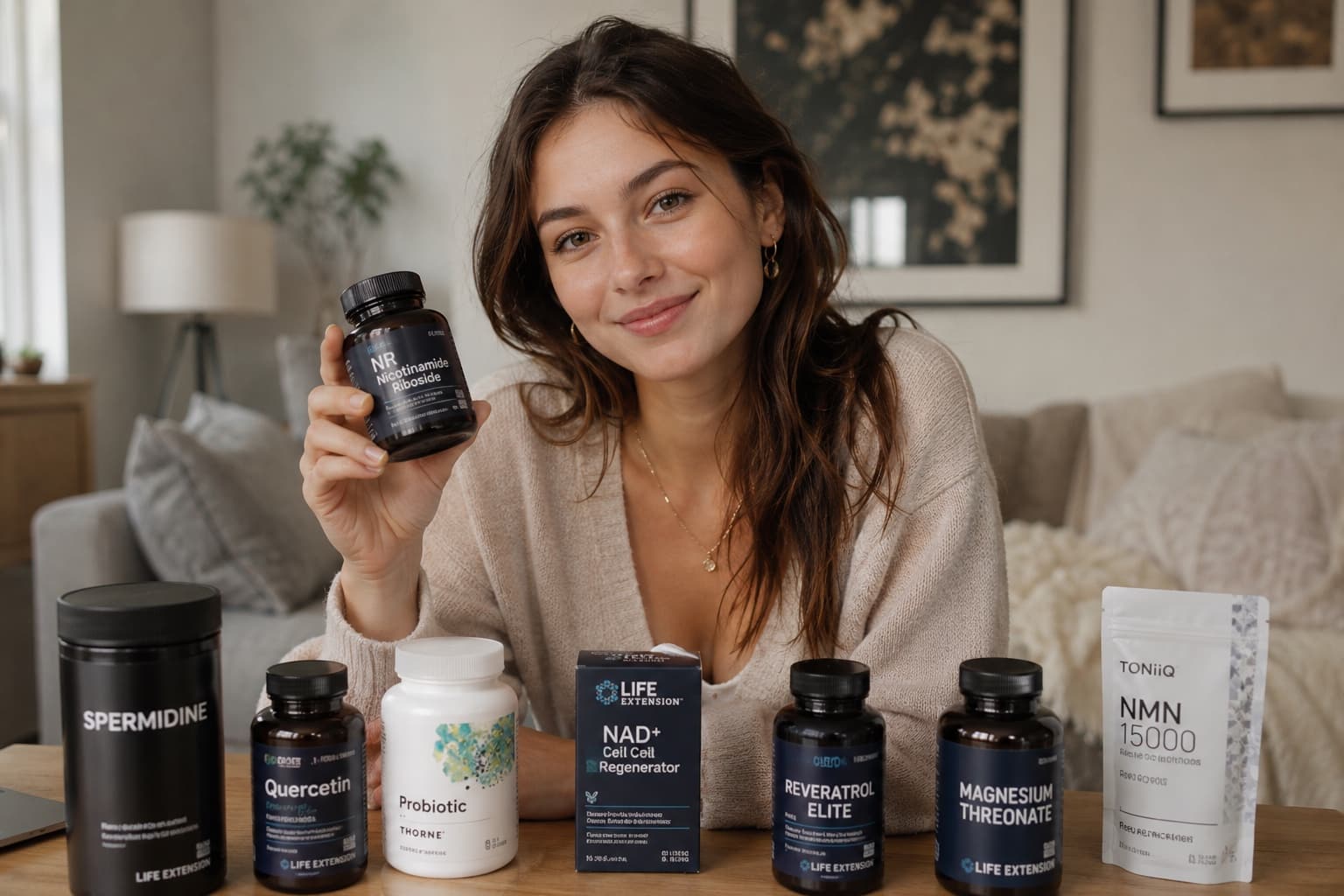 A FixMyAge member with the supplements she reviewed — Resveratrol, Quercetin, Berberine, Fisetin, NMN, and Spermidine.